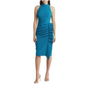 Eliza J Womens Jade Sleeveless High Neck Pleat Ruffle Midi Sheath Dress Sz 8 New
